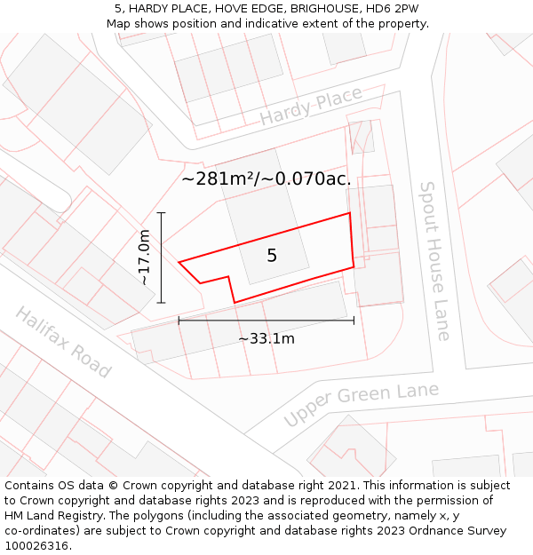 5, HARDY PLACE, HOVE EDGE, BRIGHOUSE, HD6 2PW: Plot and title map