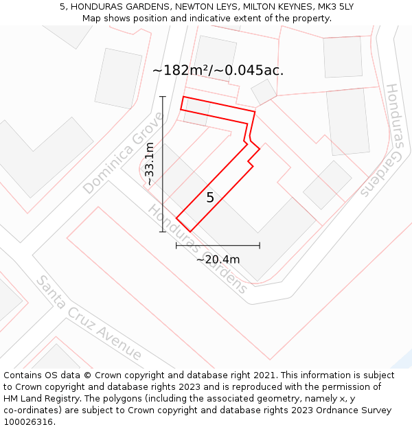 5, HONDURAS GARDENS, NEWTON LEYS, MILTON KEYNES, MK3 5LY: Plot and title map