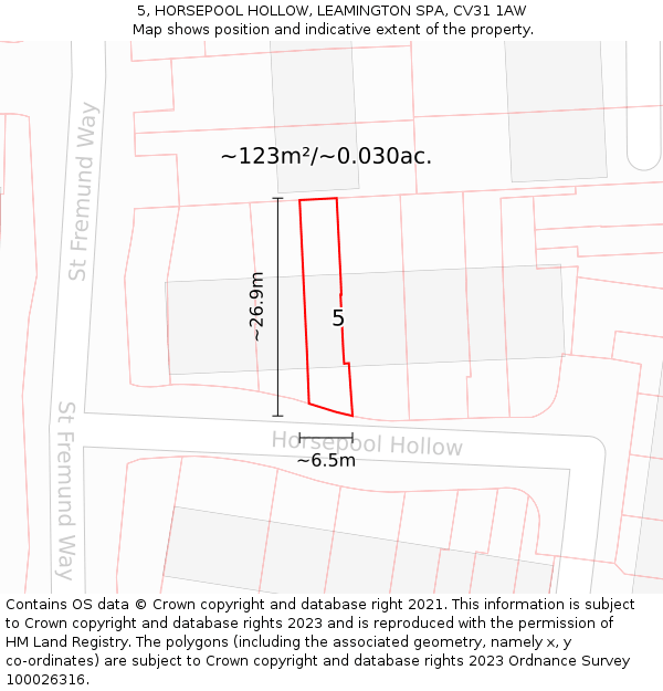 5, HORSEPOOL HOLLOW, LEAMINGTON SPA, CV31 1AW: Plot and title map