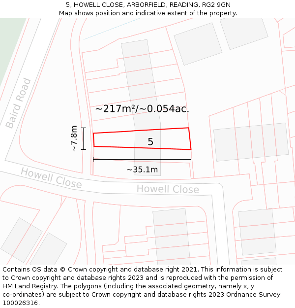5, HOWELL CLOSE, ARBORFIELD, READING, RG2 9GN: Plot and title map