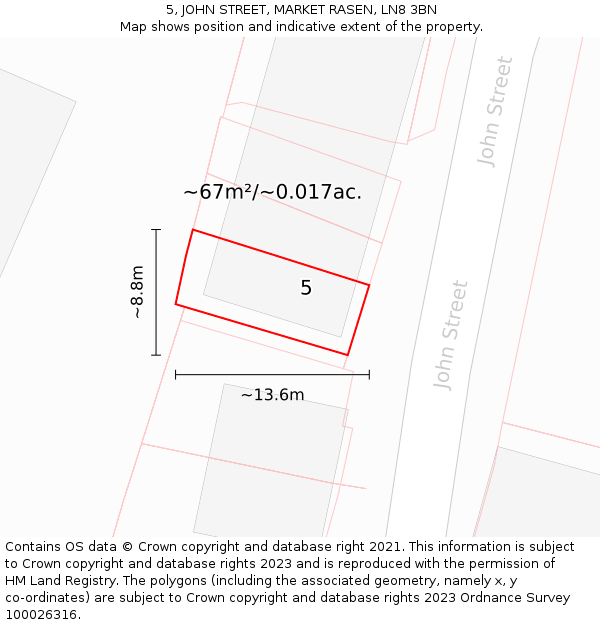 5, JOHN STREET, MARKET RASEN, LN8 3BN: Plot and title map