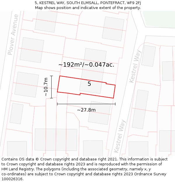 5, KESTREL WAY, SOUTH ELMSALL, PONTEFRACT, WF9 2FJ: Plot and title map