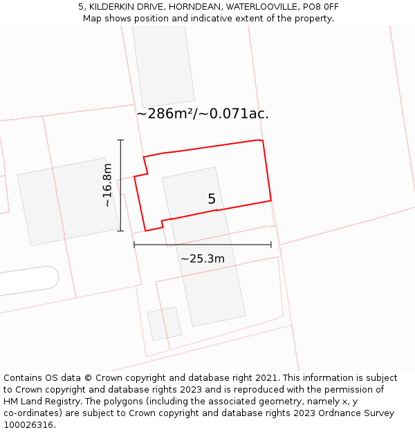 5, KILDERKIN DRIVE, HORNDEAN, WATERLOOVILLE, PO8 0FF: Plot and title map