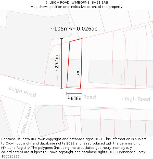 5, LEIGH ROAD, WIMBORNE, BH21 1AB: Plot and title map