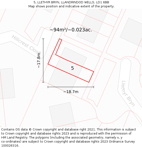 5, LLETHYR BRYN, LLANDRINDOD WELLS, LD1 6BB: Plot and title map