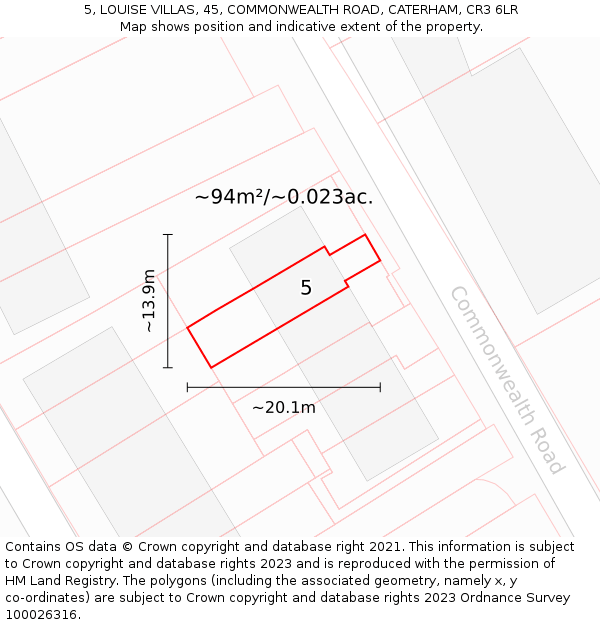 5, LOUISE VILLAS, 45, COMMONWEALTH ROAD, CATERHAM, CR3 6LR: Plot and title map