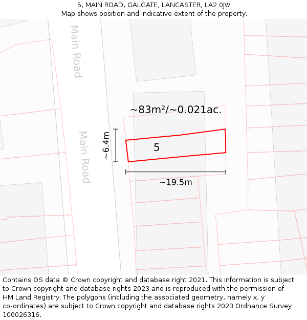 5, MAIN ROAD, GALGATE, LANCASTER, LA2 0JW: Plot and title map