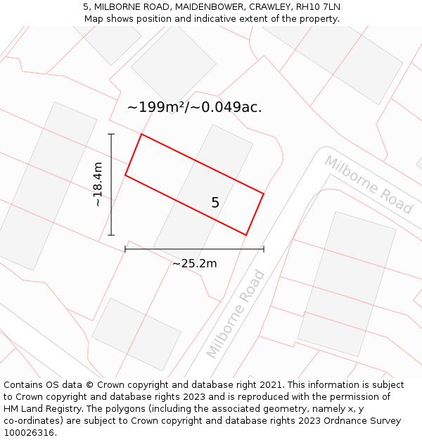 5, MILBORNE ROAD, MAIDENBOWER, CRAWLEY, RH10 7LN: Plot and title map