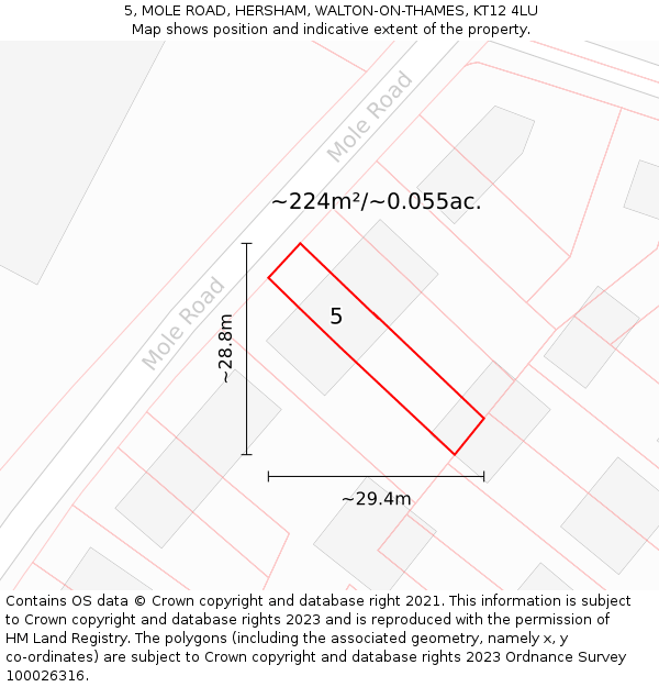 5, MOLE ROAD, HERSHAM, WALTON-ON-THAMES, KT12 4LU: Plot and title map