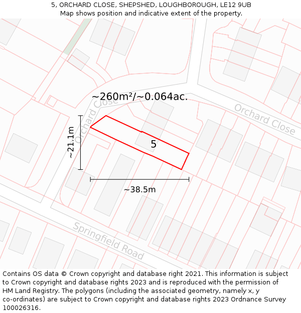 5, ORCHARD CLOSE, SHEPSHED, LOUGHBOROUGH, LE12 9UB: Plot and title map