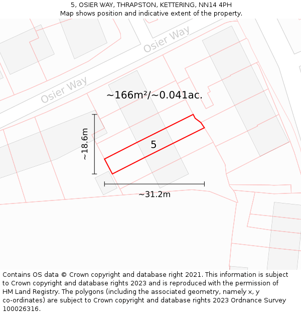 5, OSIER WAY, THRAPSTON, KETTERING, NN14 4PH: Plot and title map