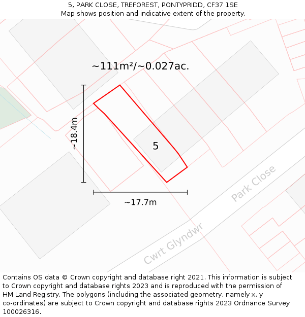 5, PARK CLOSE, TREFOREST, PONTYPRIDD, CF37 1SE: Plot and title map