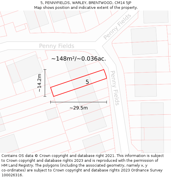5, PENNYFIELDS, WARLEY, BRENTWOOD, CM14 5JP: Plot and title map