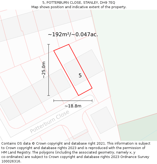 5, POTTERBURN CLOSE, STANLEY, DH9 7EQ: Plot and title map