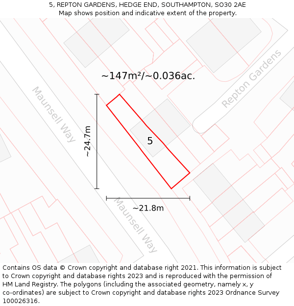 5, REPTON GARDENS, HEDGE END, SOUTHAMPTON, SO30 2AE: Plot and title map