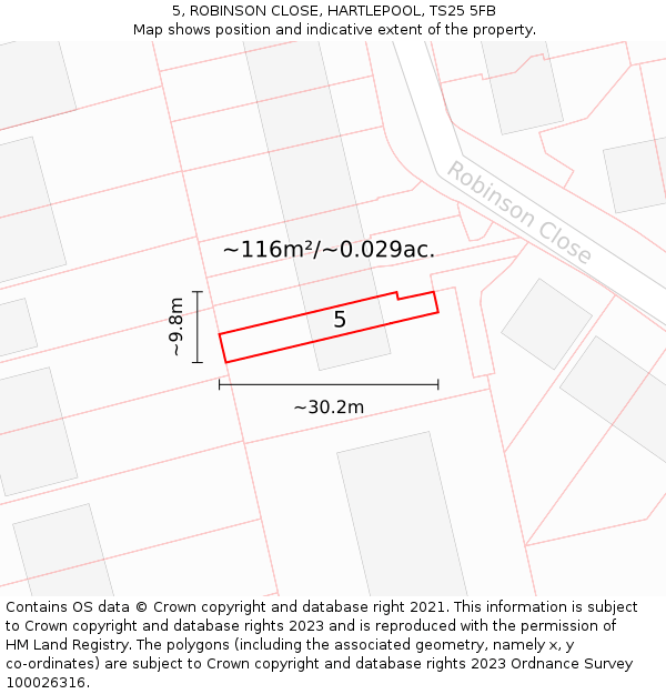 5, ROBINSON CLOSE, HARTLEPOOL, TS25 5FB: Plot and title map