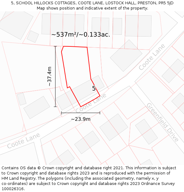 5, SCHOOL HILLOCKS COTTAGES, COOTE LANE, LOSTOCK HALL, PRESTON, PR5 5JD: Plot and title map