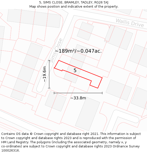 5, SIMS CLOSE, BRAMLEY, TADLEY, RG26 5XJ: Plot and title map