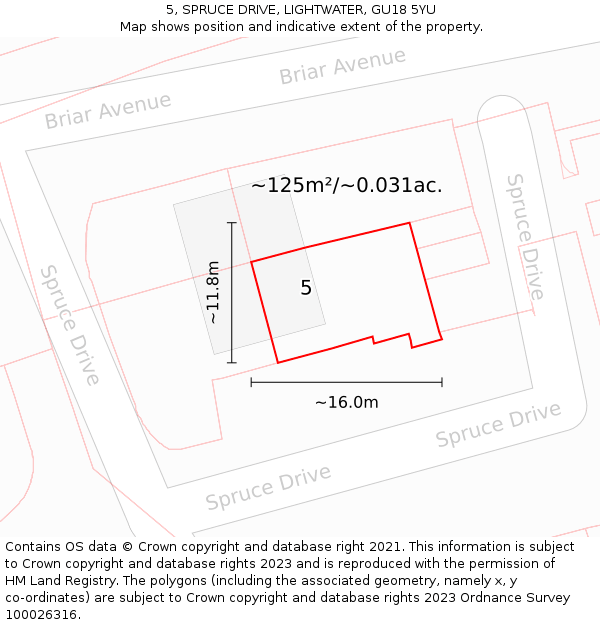 5, SPRUCE DRIVE, LIGHTWATER, GU18 5YU: Plot and title map