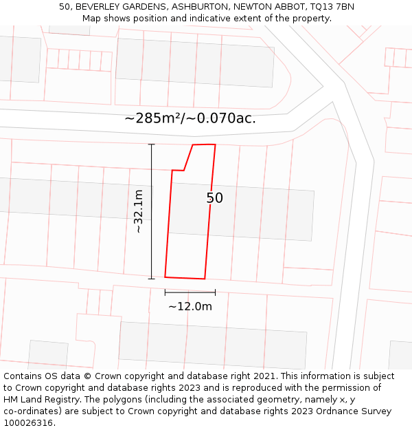 50, BEVERLEY GARDENS, ASHBURTON, NEWTON ABBOT, TQ13 7BN: Plot and title map