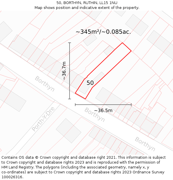 50, BORTHYN, RUTHIN, LL15 1NU: Plot and title map