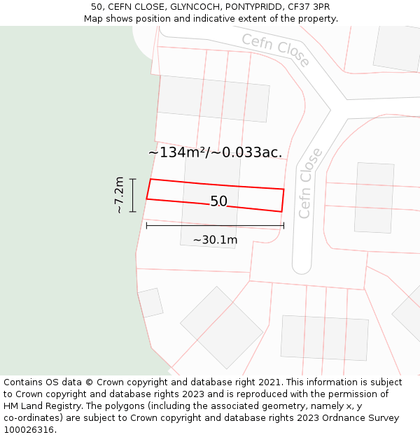 50, CEFN CLOSE, GLYNCOCH, PONTYPRIDD, CF37 3PR: Plot and title map