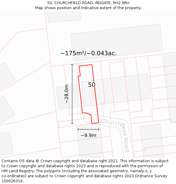 50, CHURCHFIELD ROAD, REIGATE, RH2 9RH: Plot and title map