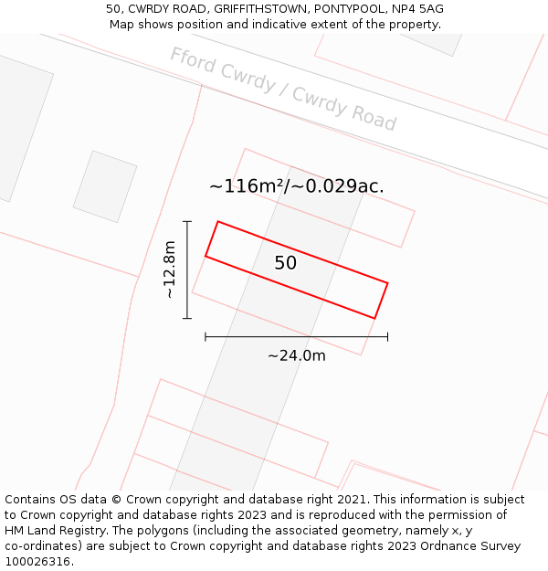50, CWRDY ROAD, GRIFFITHSTOWN, PONTYPOOL, NP4 5AG: Plot and title map