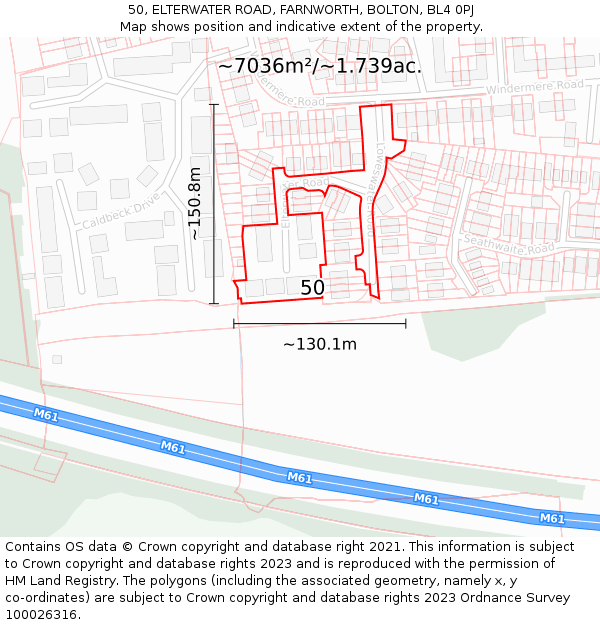 50, ELTERWATER ROAD, FARNWORTH, BOLTON, BL4 0PJ: Plot and title map
