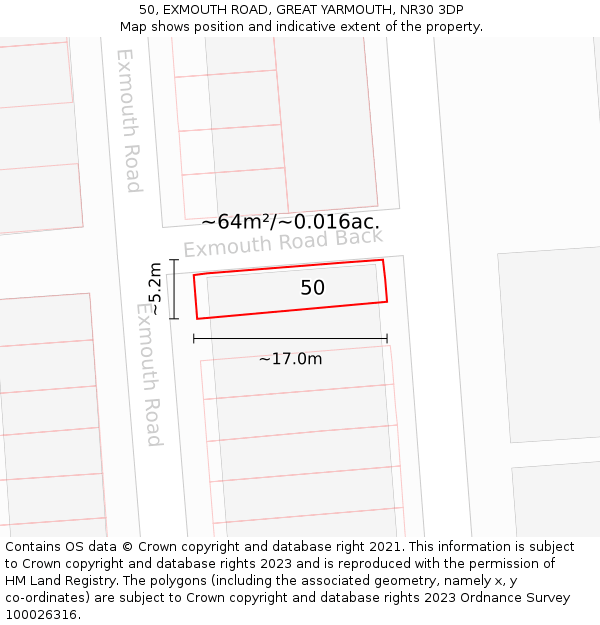 50, EXMOUTH ROAD, GREAT YARMOUTH, NR30 3DP: Plot and title map
