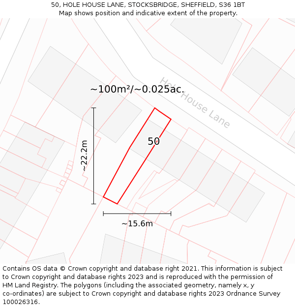 50, HOLE HOUSE LANE, STOCKSBRIDGE, SHEFFIELD, S36 1BT: Plot and title map