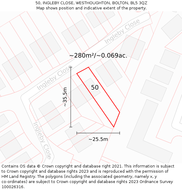 50, INGLEBY CLOSE, WESTHOUGHTON, BOLTON, BL5 3QZ: Plot and title map
