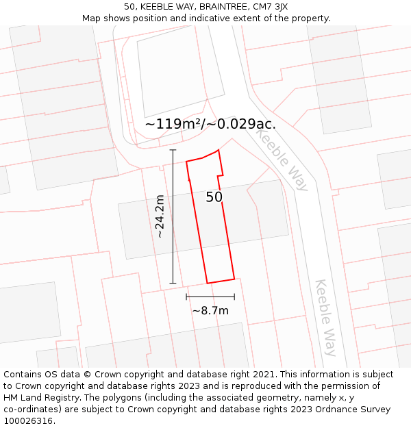 50, KEEBLE WAY, BRAINTREE, CM7 3JX: Plot and title map
