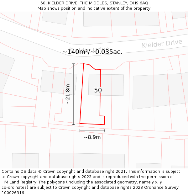 50, KIELDER DRIVE, THE MIDDLES, STANLEY, DH9 6AQ: Plot and title map