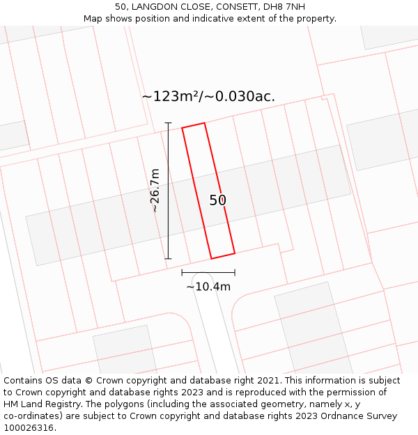 50, LANGDON CLOSE, CONSETT, DH8 7NH: Plot and title map