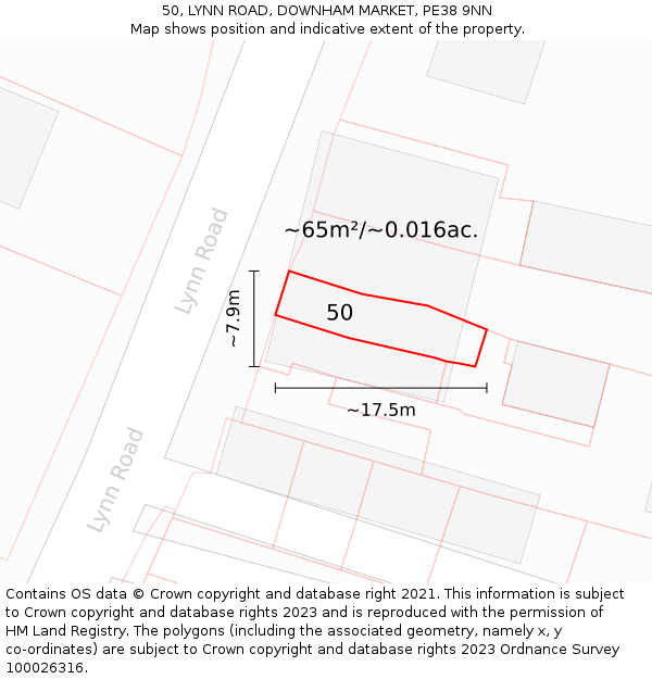 50, LYNN ROAD, DOWNHAM MARKET, PE38 9NN: Plot and title map