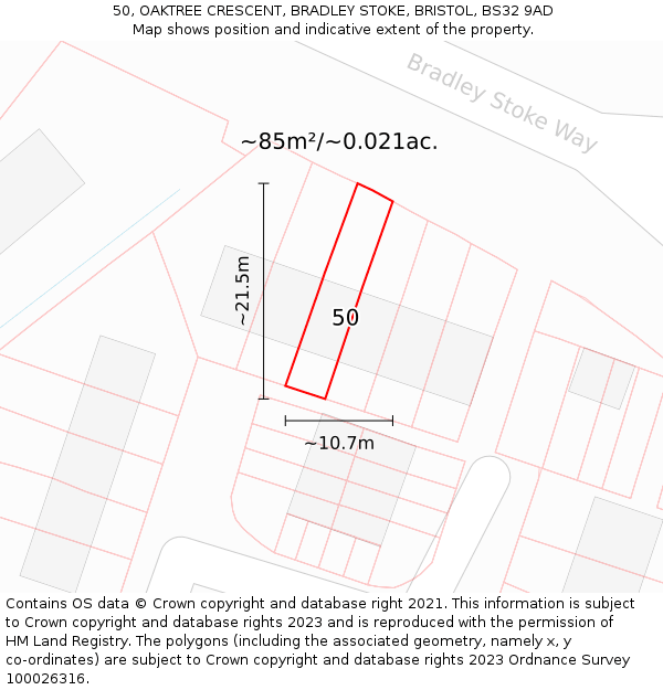 50, OAKTREE CRESCENT, BRADLEY STOKE, BRISTOL, BS32 9AD: Plot and title map