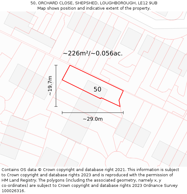 50, ORCHARD CLOSE, SHEPSHED, LOUGHBOROUGH, LE12 9UB: Plot and title map