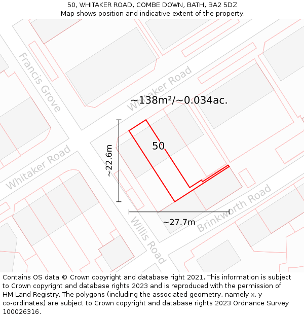 50, WHITAKER ROAD, COMBE DOWN, BATH, BA2 5DZ: Plot and title map