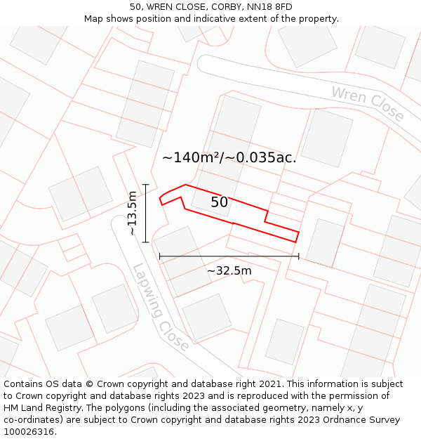 50, WREN CLOSE, CORBY, NN18 8FD: Plot and title map