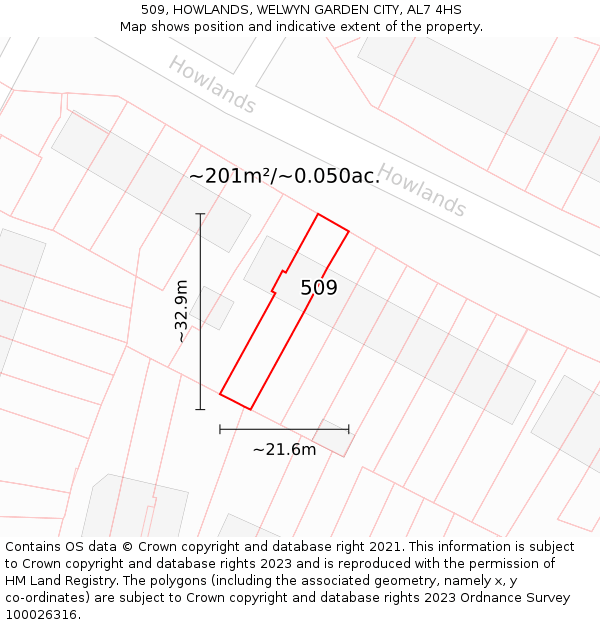 509, HOWLANDS, WELWYN GARDEN CITY, AL7 4HS: Plot and title map