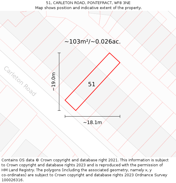 51, CARLETON ROAD, PONTEFRACT, WF8 3NE: Plot and title map