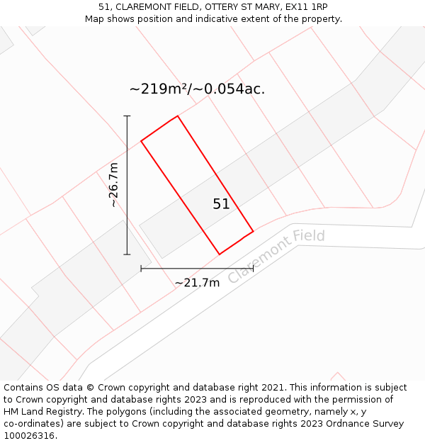 51, CLAREMONT FIELD, OTTERY ST MARY, EX11 1RP: Plot and title map