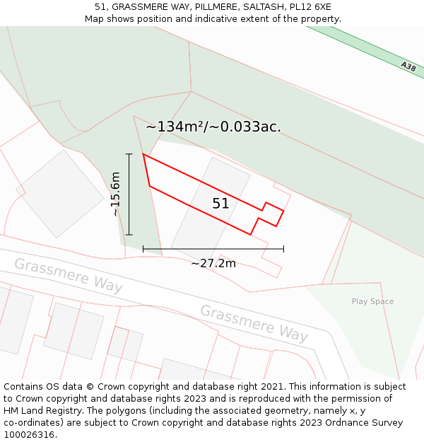 51, GRASSMERE WAY, PILLMERE, SALTASH, PL12 6XE: Plot and title map