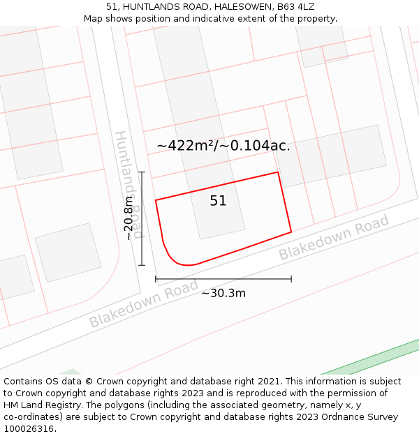 51, HUNTLANDS ROAD, HALESOWEN, B63 4LZ: Plot and title map