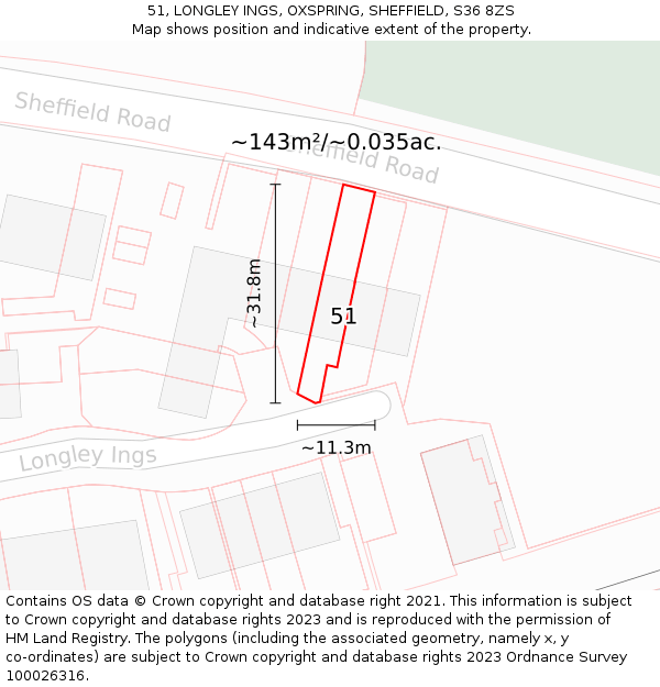 51, LONGLEY INGS, OXSPRING, SHEFFIELD, S36 8ZS: Plot and title map
