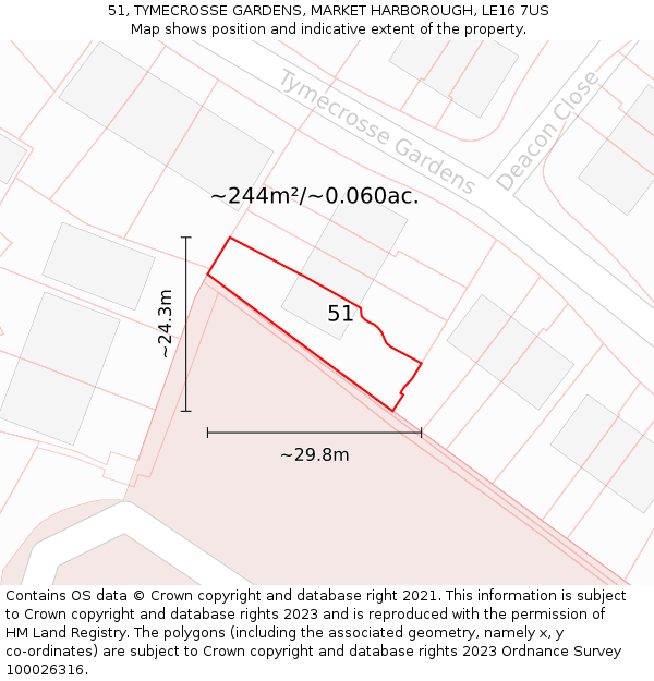 51, TYMECROSSE GARDENS, MARKET HARBOROUGH, LE16 7US: Plot and title map