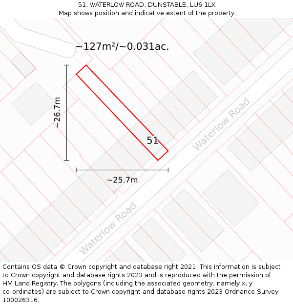 51, WATERLOW ROAD, DUNSTABLE, LU6 1LX: Plot and title map