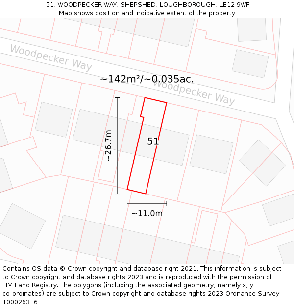 51, WOODPECKER WAY, SHEPSHED, LOUGHBOROUGH, LE12 9WF: Plot and title map
