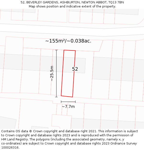 52, BEVERLEY GARDENS, ASHBURTON, NEWTON ABBOT, TQ13 7BN: Plot and title map